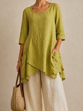 Linen 100% Green Assymetrical Eclectic Top XL